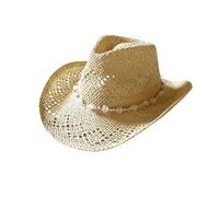 Women Western Style Straw Cowboy Hat Summer Coastal Shapeable Wide Brim Heart Beaded Cowgirl Hats for Beach Vacation (Ivory, ONE Size)