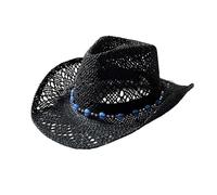 Women Western Style Straw Cowboy Hat Summer Coastal Shapeable Wide Brim Heart Beaded Cowgirl Hats for Beach Vacation (Black, ONE Size)