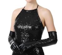 Women Wet Look Long Gloves, Faux Leather Adult Long Gloves for Women, Leather Elbow Length Glove, Cat Woman Accessories for Party, Cosplay, Date Night, Halloween, 80's Opera, Banquet and Dance (Black)