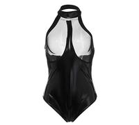 Women Wetlook Leather Bodysuit Sleeveless Halter Neck Hollow Out Fishnet Erotic Jumpsuit Open Crotch Zipper Backless One Piece Sexy Lingerie Tummy Control Slim Fit Leotard Clubwear