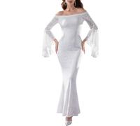 Women White Lace Mermaid Maxi Dress Off Shoulder Bodycon Wedding Party Gown
