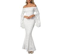 Women White Lace Mermaid Maxi Dress Off Shoulder Bodycon Wedding Party Gown