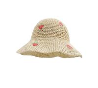 Women Wide Brim Sun Hat Summer Foldable Straw Beach Hat Outdoor Floppy Bucket Hat Fishing Hat with Strawberry Pattern, Beige, M/L