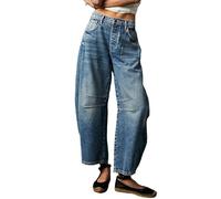 Women Wide Leg Barrel Jeans Baggy Mid Waist Cropped Balloon Denim Pants Vintage Boyfriend Y2k Loose Streetwear Jeans, #1-classic Blue, XS