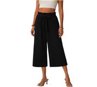 Women Wide Leg Cropped Trousers Casual Summer Capri Pants Plain Loose Elasticated Waist Crop Trousers with Pockets Comfy Baggy 3/4 Length Palazzo Pants