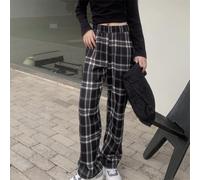 Women Wide Leg Trousers High Waist Checkered Casual Pants(Black Average code)