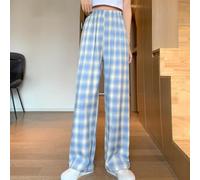 Women Wide Leg Trousers High Waist Checkered Casual Pants(Blue grid Average code)