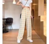 Women Wide Leg Trousers High Waist Checkered Casual Pants(Light yellow grid Average code)