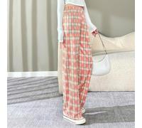 Women Wide Leg Trousers High Waist Checkered Casual Pants(Pink Average code)