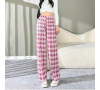 Women Wide Leg Trousers High Waist Checkered Casual Pants(Purple grid Average code)