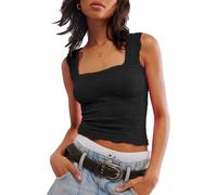Women Wide Strap Crop Tank Tops Square Neck Love Letters Cami Cute Y2k Fitted Summer Going Out Tops, Black, L