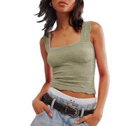 Women Wide Strap Crop Tank Tops Square Neck Love Letters Cami Cute Y2k Fitted Summer Going Out Tops, Green, M