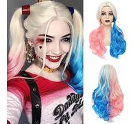 Women Wig 3 Tone Pink Blue Green 28 Inch Long Deep Wave Synthetic Wig Medium Part Wavy Silky Wavy Synthetic Hair Wig (Pink/Blue (NYL2330))