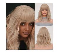Women Wig Daily Use Women's Holiday Party High Qualit Natural Black Wig Long Curly Bob Synthetic Heat Resistant Wig Natural Wavy Bangs Wig Wigs for women(Color:Linen gold)