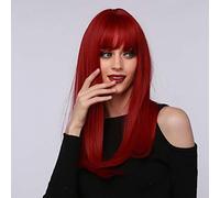 Women Wigs, Red Long Straight Wig High Temperature Fiber Fake Hair with Straight Bang Women 52cm Hair Weave Wig Ideal for Parties Halloween Role Playing