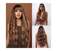 Women Wigs Synthetic Long Curly Highlight Wigs With Bangs Mixed Chocolate Brown Golden Blonde Hair Wigs for Black Women Afro Heat Resistant Hair Replacement Wigs
