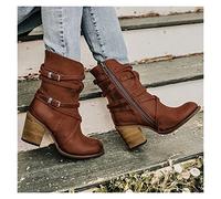Women Winter Ankle Boots Fashion Booties with Buckle Short Block Heel Boots PU Leather Biker Booties with Zipper Women Elegant Party Ankle Shoes High Heels (Color : Brown, Size : 6.5 UK)