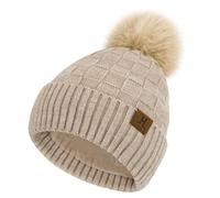 Women Winter Beanie Hats Knit Plaid Pompom Beanies Slouchy Fleece Lined Womens Hat Skull Cap Cold Weather Gifts for Women Khaki