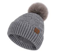 Women Winter Beanie Hats Knit Plaid Pompom Beanies Slouchy Fleece Lined Womens Hat Skull Cap Cold Weather Gifts for Women Dark Grey