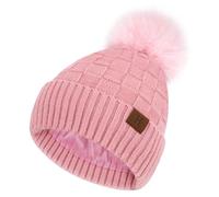 Women Winter Beanie Hats Knit Plaid Pompom Beanies Slouchy Fleece Lined Womens Hat Skull Cap Cold Weather Gifts for Women Pink