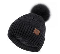 Women Winter Beanie Hats Knit Plaid Pompom Beanies Slouchy Fleece Lined Womens Hat Skull Cap Cold Weather Gifts for Women Black