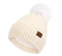 Women Winter Beanie Hats Knit Plaid Pompom Beanies Slouchy Fleece Lined Womens Hat Skull Cap Cold Weather Gifts for Women Beige