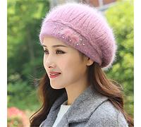 Women Winter Beret Hat Angora Knit Beanie Warm Rhinestone Double Layers Caps Light Pink