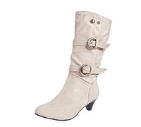 Women Winter Boots UK Sale, Ladies Pull On Platform Chunky Shoes Safety Work Boots Pointed Toe Combat Boot Mid Calf Walking Boots Casual Pumps Warm Lined Snow Boots Buckles Long Boots for Camping
