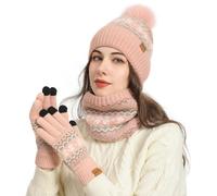 Women Winter Hat Scarf and Gloves Set, 4 PCS Unisex Thermal Winter Set Knitted Pom Beanie Hat Pullover Scarf Touch Screen Gloves Thick Ski Socks for Outdoors Sports