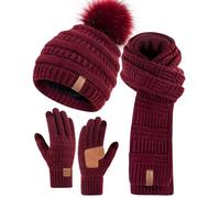Women Winter Hat Scarf Gloves Bobble Hat Warm Fleece Lined Long Knitted Scarf Touch Screen Gloves for Cold Weather, burgundy, One size