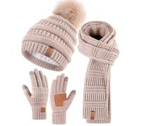 Women Winter Hat Scarf Gloves Bobble Hat Warm Fleece Lined Long Knitted Scarf Touch Screen Gloves for Cold Weather, Oatmeal, One size