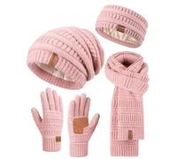 Women Winter Hat Scarf Gloves Headband Set Slouchy Beanie Ear Warmer Knitted Scarf Touch Screen Gloves Warm 4 Pieces Gift Set, Pink, One Size