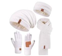 Women Winter Hat Scarf Gloves Headband Set Slouchy Beanie Ear Warmer Knitted Scarf Touch Screen Gloves Warm 4 Pieces Gift Set, White/Opulent Garden, One Size