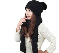 Women Winter Hat Scarf Set for Lady Girl Black Warm Knitted Thicken Beanie Cap 1 Set