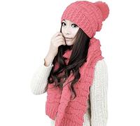 Women Winter Hat Scarf Set for Lady Girl Pink Warm Knitted Thicken Beanie Cap 1 Set -pink