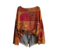 Women Winter Jumpers Ladies Vintage Boho Floral Crochet Sweater Oversized Boat Neck Long Sleeve Pullover Tops Lightweight Ribbed Knit Bohemia Blouse Orange Style#3 Sweaters Women UK XXL