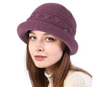 Women Winter Knit 1920s Vintage Bucket Bowler Hat Round Brim Warm Hat with Pearl, Purple, One Size
