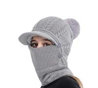 Women Winter Knit Baseball Cap Neck Gaiter Face Warmer Fluffy Pompom Thermal Fleece Lined Visor Skull Hat Circle Scarf Mufflers Windproof Running Cycling Bike Full Hood Hat Balaclava Grey