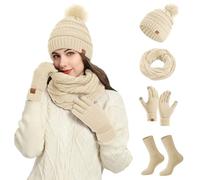 Women Winter Knit Hat Scarf Gloves Socks 4 Piece Set Warm Thick Soft Fleece Lined Neck Warmer Mittens Cozy Thermal Accessories Comfortable Stretchy Cold Weather Outfit For Ladies (Beige, One Size)