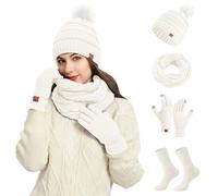 Women Winter Knit Hat Scarf Gloves Socks 4 Piece Set Warm Thick Soft Fleece Lined Neck Warmer Mittens Cozy Thermal Accessories Comfortable Stretchy Cold Weather Outfit For Ladies (White, One Size)