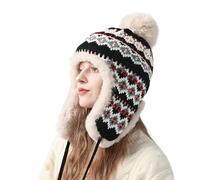 Women Winter Knitted Trapper Hat with Ear Flaps Thick Warm Fleece Lined Beanie Hat Earmuff Ladies Windproof Thermal Bomber Hats Jacquard Knit Pattern Ski Cap with Ear Covers for Cycling Skating