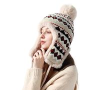 Women Winter Knitted Trapper Hat with Ear Flaps Thick Warm Fleece Lined Beanie Hat Earmuff Ladies Windproof Thermal Bomber Hats Jacquard Knit Pattern Ski Cap with Ear Covers for Cycling Skating