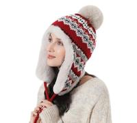Women Winter Knitted Trapper Hat with Ear Flaps Thick Warm Fleece Lined Beanie Hat Earmuff Ladies Windproof Thermal Bomber Hats Jacquard Knit Pattern Ski Cap with Ear Covers for Cycling Skating