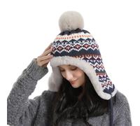Women Winter Knitted Trapper Hat with Ear Flaps Thick Warm Fleece Lined Beanie Hat Earmuff Ladies Windproof Thermal Bomber Hats Jacquard Knit Pattern Ski Cap with Ear Covers for Cycling Skating