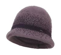 Women Winter Knitted Wide Brim Bucket Hat with Glitter Rhinestones and Thickened Plush Lined Ladies Vintage Hats for Windproof Head Warmer Travel Church Tea Party (UK, Alpha, One Size, Light Purple)