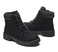 Women Winter Snow Boots with Fur Lining Black Low Heels Combat Ankle Boots Non-Slip Leather Ankle Boots for Women, black, 6.5 UK