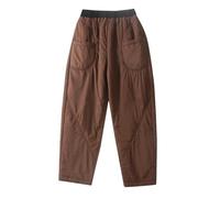 Women Winter Warm Cotton Pants, Beige Elasticated Waist Stripe Quilted Padded Harem Pants with Pockets Baggy Casual Daily Going Out Hiking Workout Traveling Lounge Trousers Coffee