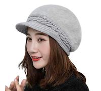 Women Winter Wool Knit Beret Hat Peaked Beanie Hat Warm Newsboy Flat Cap Baker Boy Cap Faux Fur Hat Wool Crochet Hat Braided Soft Fleece Lining Artist Painter Cabbies Berets Christmas (Grey)