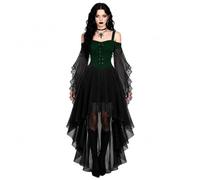 Women Witch Costume Halloween Dresses Adult Renaissance Medieval Vampire Butterfly Sleeve Mesh Gothic Outfits, Green, L