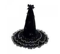 Women Witch Hat Halloween Pointed Wizard Hats with Ruffle Brim (Black, M)